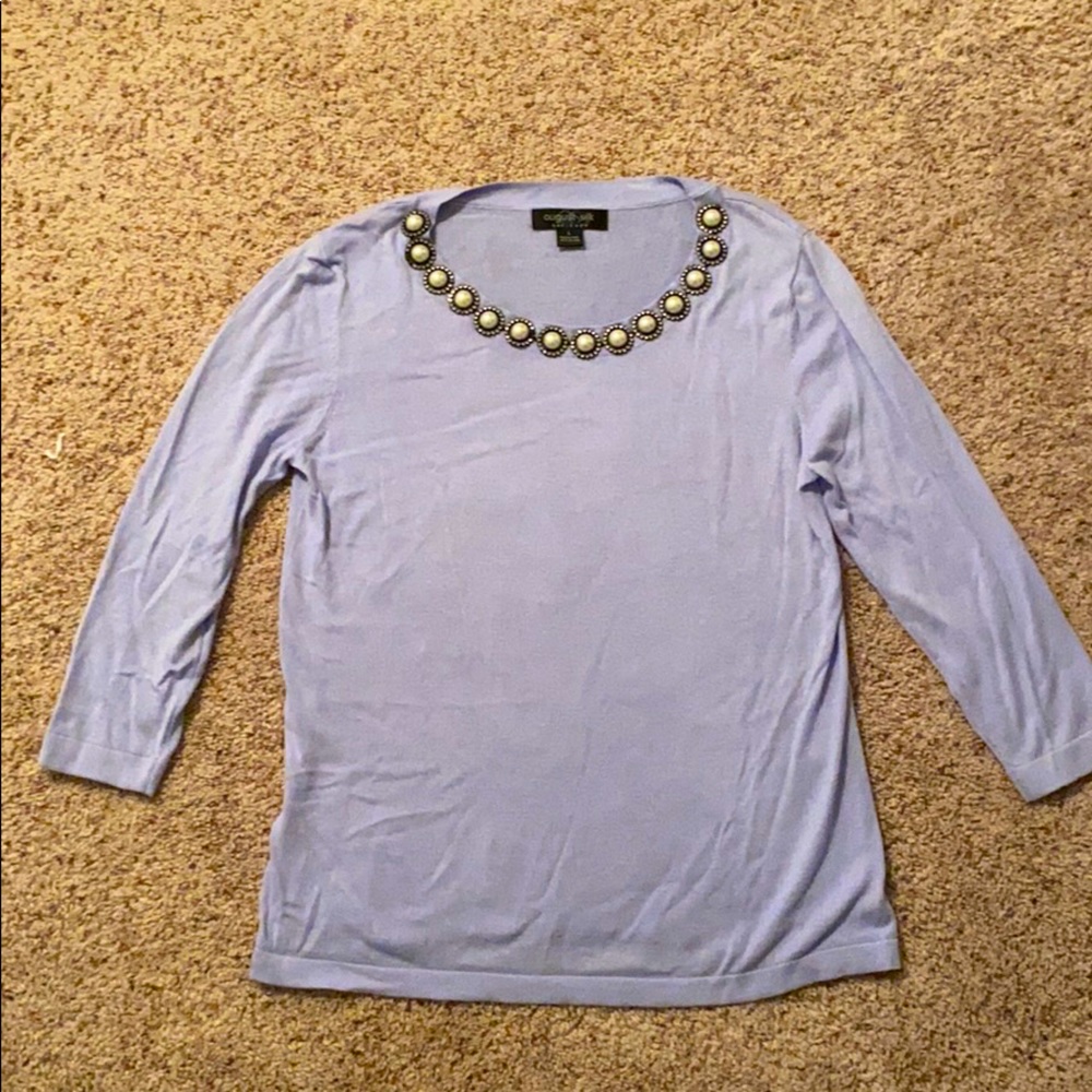 August Silk 3/4 Sleeve Periwinkle & Pearl Neckline Top